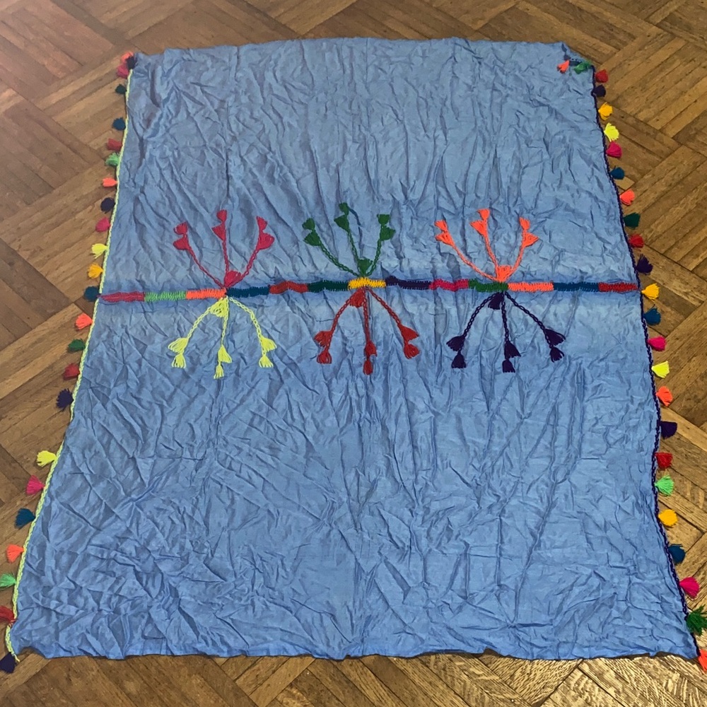 Blue shawl with neon tassel fringe and embroidery beach blanket summer scarf